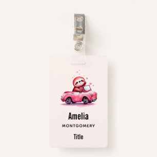 Cute Sloth Driving a Pink Convertible Badge