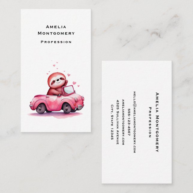 Cute Sloth Driving a Pink Convertible Business Card (Front/Back)