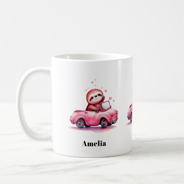 Cute Sloth Driving a Pink Convertible Coffee Mug (Left)