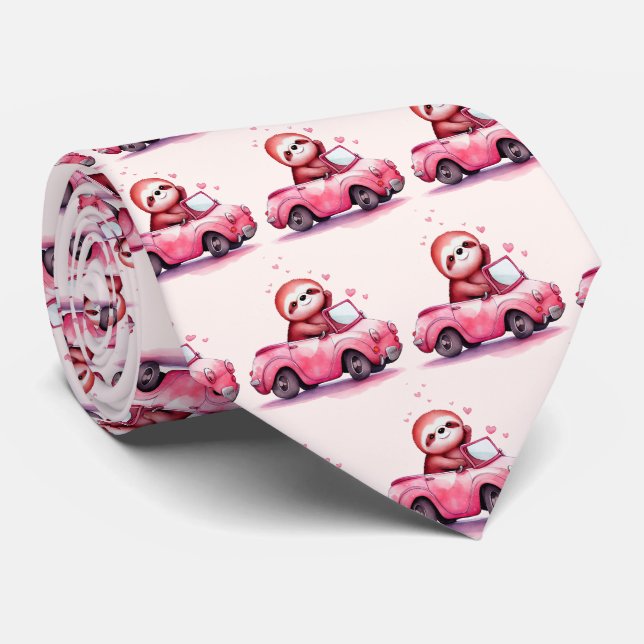 Cute Sloth Driving a Pink Convertible Pattern Tie (Rolled)