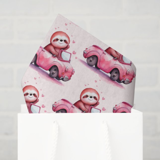 Cute Sloth Driving a Pink Convertible Pattern Tissue Paper (Gift Bag)