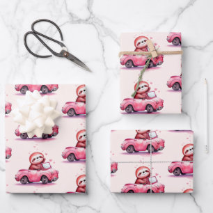 Cute Sloth Driving a Pink Convertible Pattern Wrapping Paper Sheet