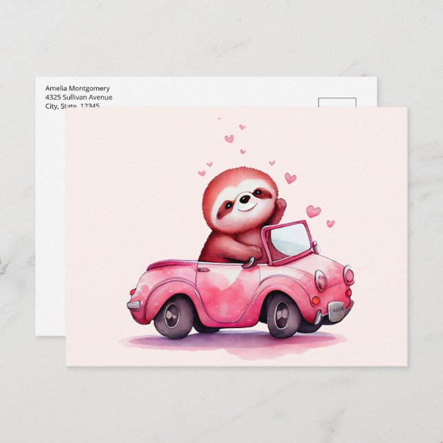 Cute Sloth Driving a Pink Convertible Postcard (Front/Back)