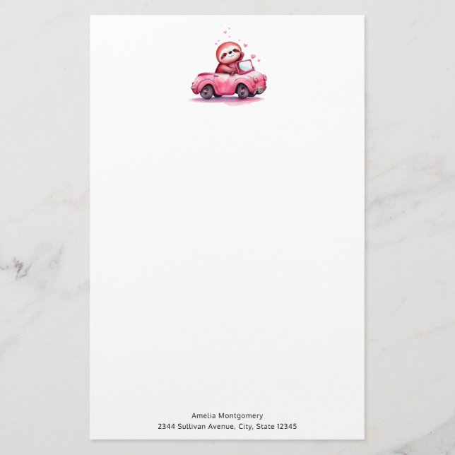 Cute Sloth Driving a Pink Convertible Stationery (Front)