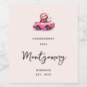 Cute Sloth Driving a Pink Convertible Wine Making Wine Label