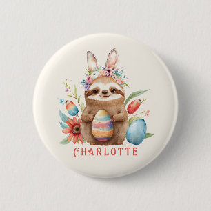 Cute Sloth Easter Bunny Rabbit Eggs Name 2 Inch Round Button