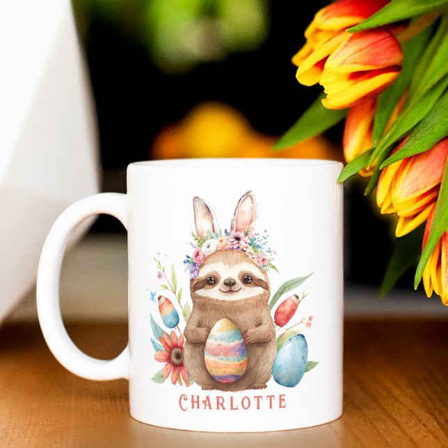 Cute Sloth Easter Bunny Rabbit Eggs Name Coffee Mug (Creator Uploaded)