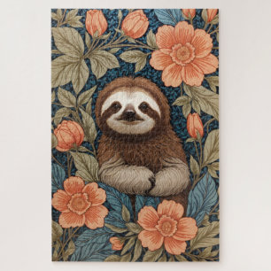 Cute Sloth Elegant Floral William Morris Inspired Jigsaw Puzzle