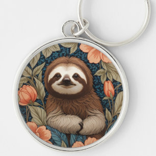 Cute Sloth Elegant Floral William Morris Inspired Keychain