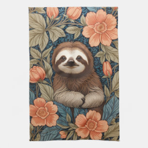 Cute Sloth Elegant Floral William Morris Inspired Kitchen Towel