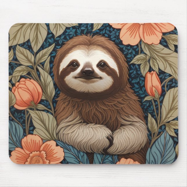 Cute Sloth Elegant Floral William Morris Inspired Mouse Pad (Front)