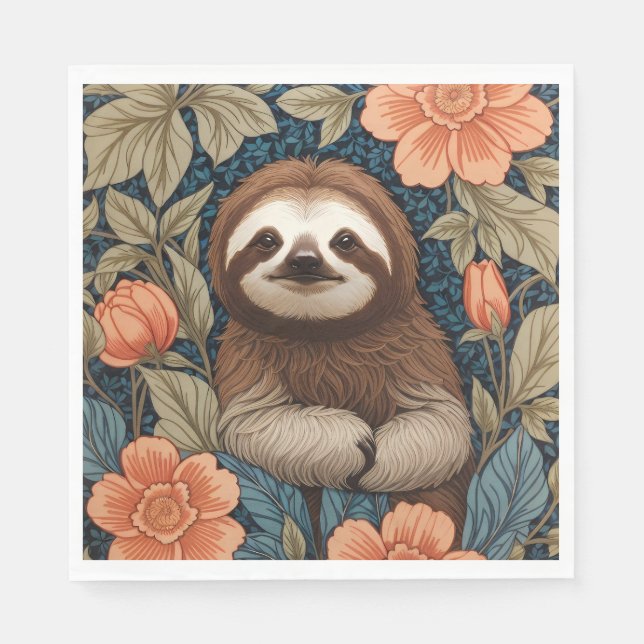 Cute Sloth Elegant Floral William Morris Inspired Napkin (Front)