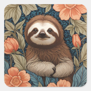Cute Sloth Elegant Floral William Morris Inspired Square Sticker