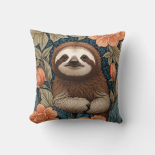 Cute Sloth Elegant Floral William Morris Inspired Throw Pillow