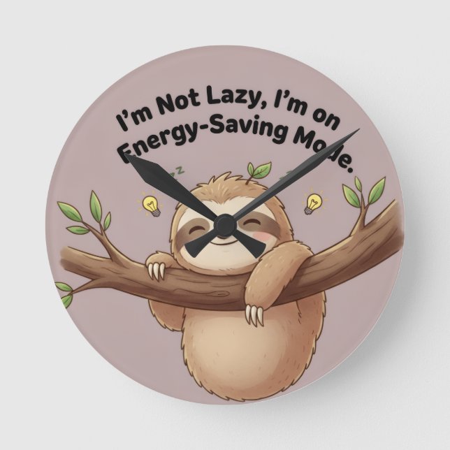 Cute Sloth "Energy-Saving Mode" Round Clock (Front)