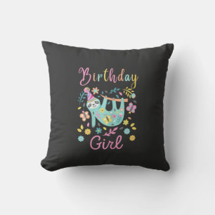 Cute Sloth Floral Girls Birthday Party T-Shirt Throw Pillow