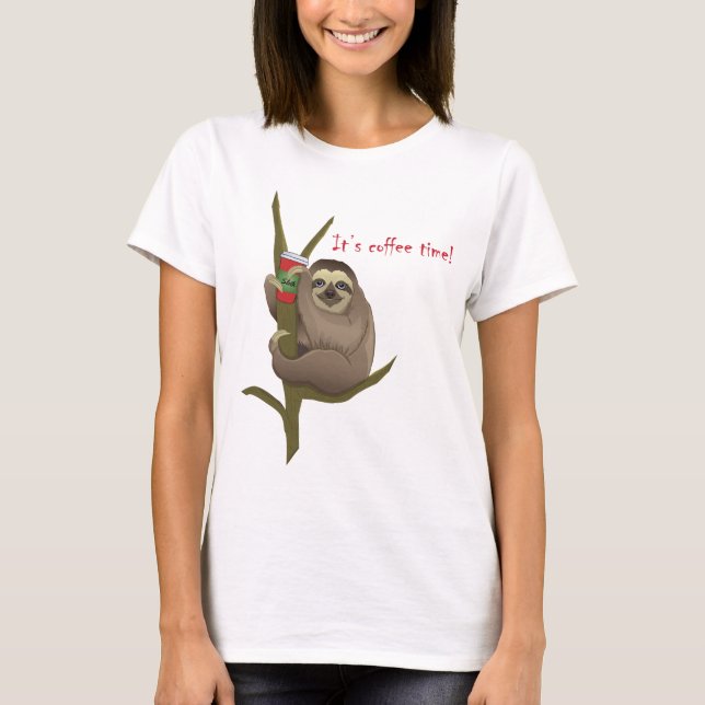 Cute Sloth Funny Cartoon With Coffee Cup Drawing T-Shirt (Front)