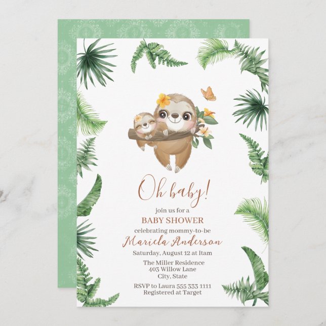 Cute Sloth Greenery Watercolor Baby Shower Invitation (Front/Back)