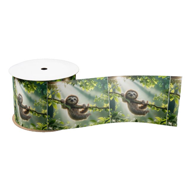 Cute Sloth Hanging From a Branch In Sunbeams Satin Ribbon (Spool)