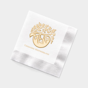 Cute Sloth Hanging From Leafy Tree with Name Foil Napkins