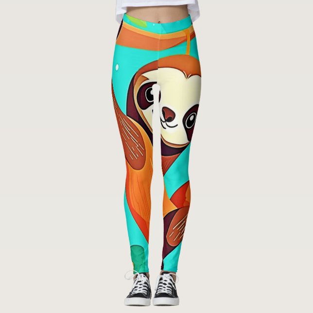 Cute Sloth Hanging in Jungle Leggings (Front)