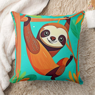 Cute Sloth Hanging in Jungle Throw Pillow