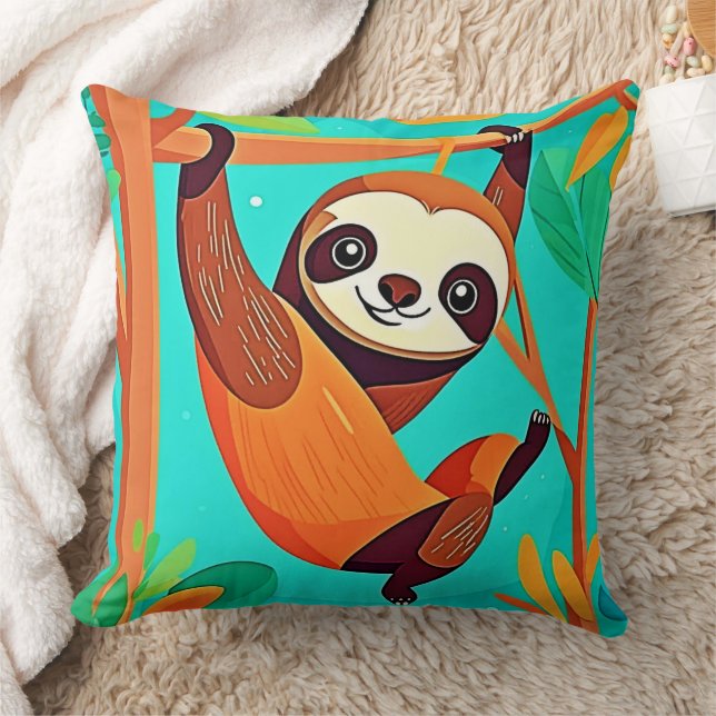 Cute Sloth Hanging in Jungle Throw Pillow (Blanket)