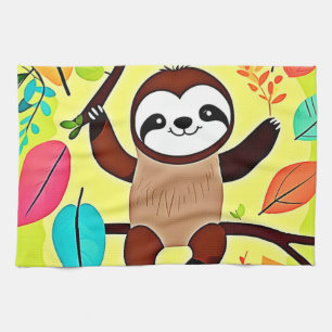 Cute Sloth Hanging on a Tree Branch Kitchen Towel