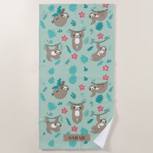 Cute Sloth Hanging Pattern Personalized Name Beach Towel