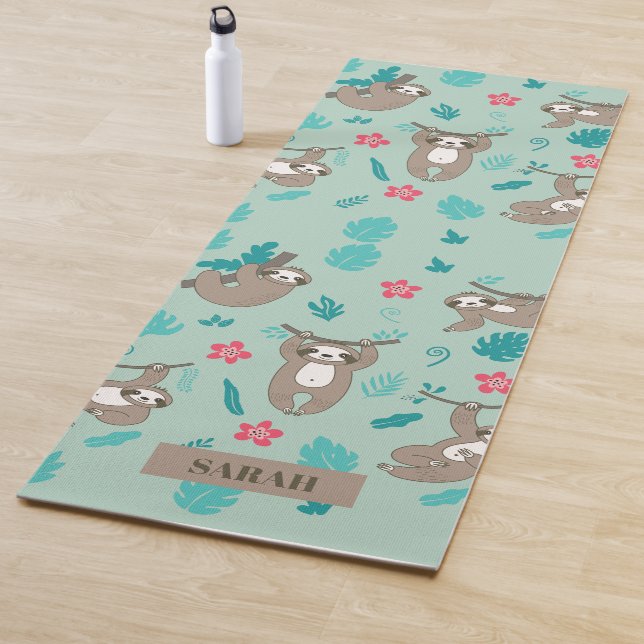 Cute Sloth Hanging Pattern Personalized Name  Yoga Mat (In Situ)
