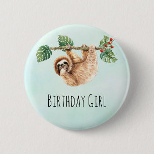 Cute Sloth Hanging Upside Down Birthday Girl 2 Inch Round Button
