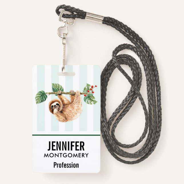 Cute Sloth Hanging Upside Down Watercolor Badge (Back with Lanyard)