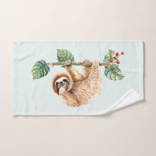 Cute Sloth Hanging Upside Down Watercolor Bath Towel Set