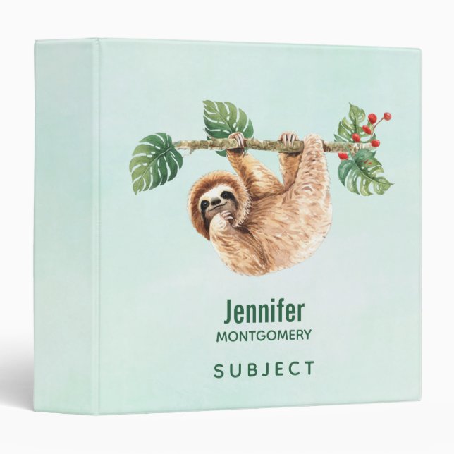 Cute Sloth Hanging Upside Down Watercolor Binder (Front/Spine)