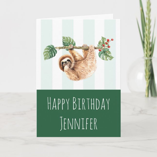 Cute Sloth Hanging Upside Down Watercolor Birthday Card (Front)