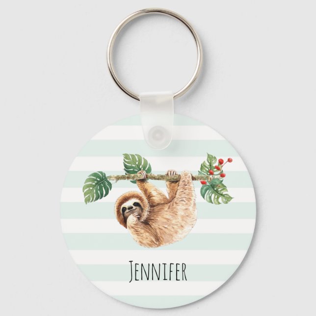 Cute Sloth Hanging Upside Down Watercolor Keychain (Front)