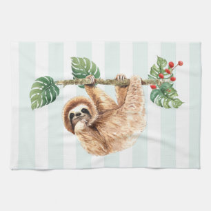 Cute Sloth Hanging Upside Down Watercolor Kitchen Towel