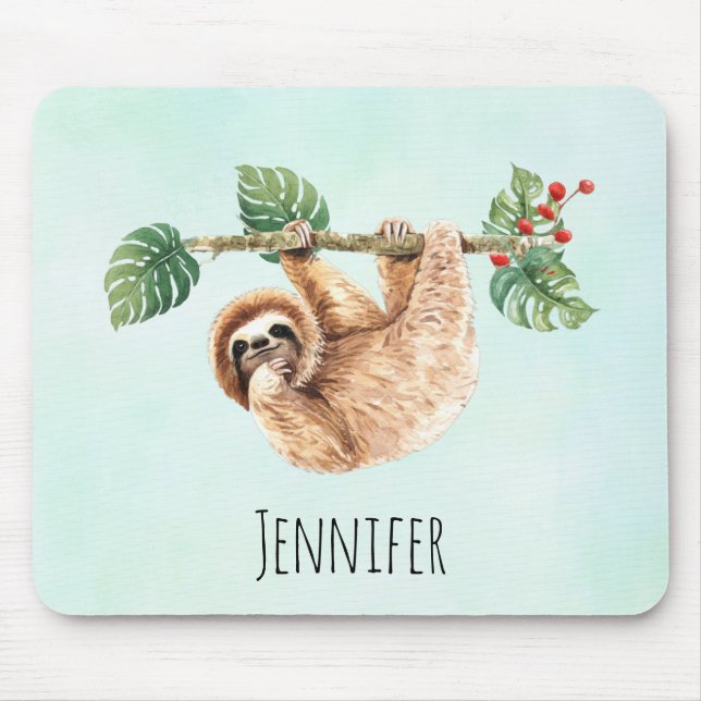 Cute Sloth Hanging Upside Down Watercolor Mouse Pad (Front)