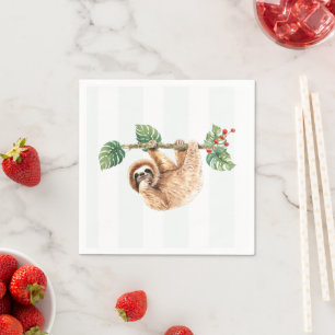 Cute Sloth Hanging Upside Down Watercolor Napkin