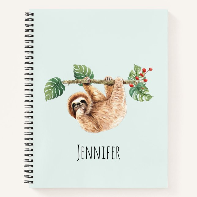 Cute Sloth Hanging Upside Down Watercolor Notebook (Front)