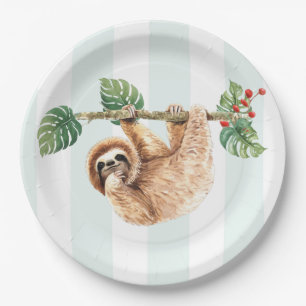 Cute Sloth Hanging Upside Down Watercolor Paper Plate