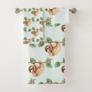 Cute Sloth Hanging Upside Down Watercolor Pattern Bath Towel Set