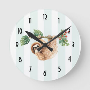 Cute Sloth Hanging Upside Down Watercolor Round Clock