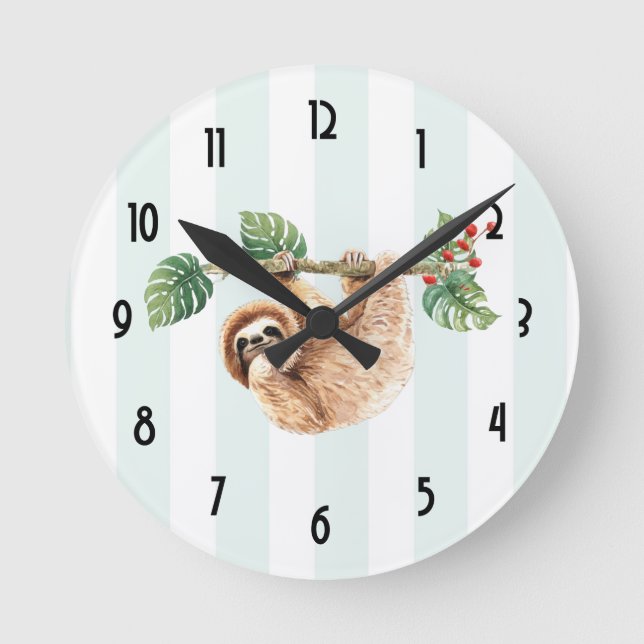 Cute Sloth Hanging Upside Down Watercolor Round Clock (Front)