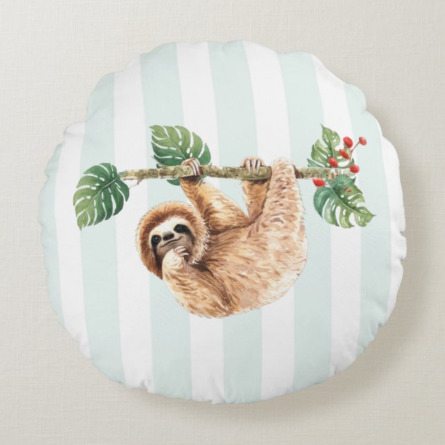 Cute Sloth Hanging Upside Down Watercolor Round Pillow (Front)