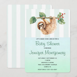 Cute Sloth Hanging Upside Down Watercolor Shower Invitation