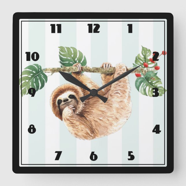 Cute Sloth Hanging Upside Down Watercolor Square Wall Clock (Front)