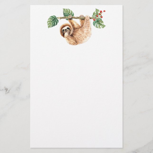 Cute Sloth Hanging Upside Down Watercolor Stationery (Front)