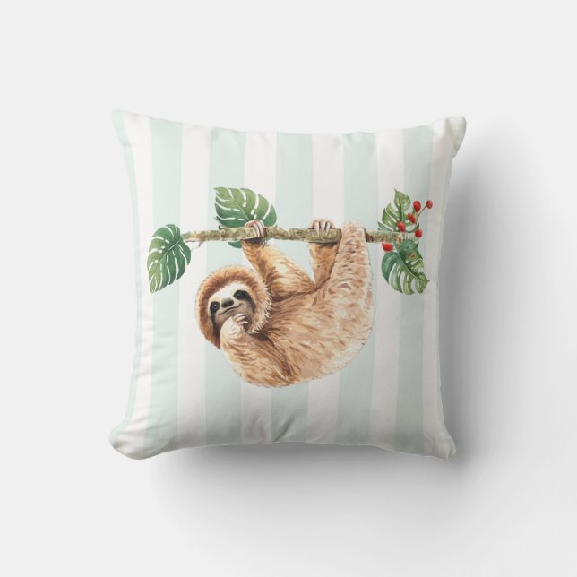 Cute Sloth Hanging Upside Down Watercolor Throw Pillow (Front)