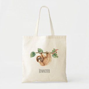 Cute Sloth Hanging Upside Down Watercolor Tote Bag